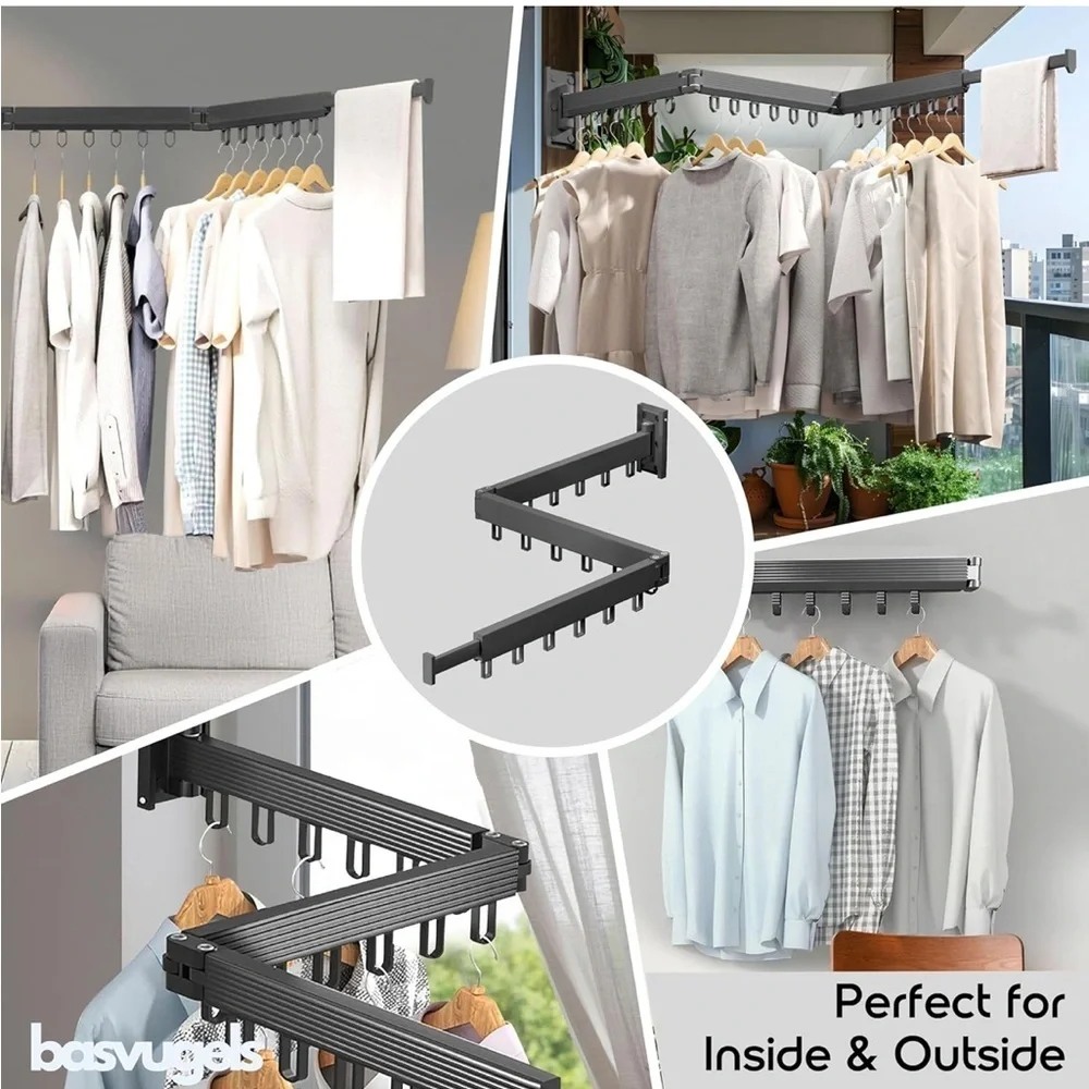 Clothes Hanger Drying Rack Wall Mounted Space Saver Closet Tri-Fold Dark Gray